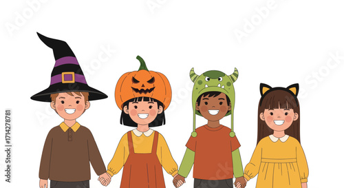 A diverse group of happy children in Halloween costumes holding hands.