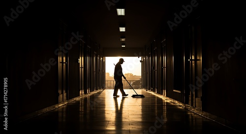 Solitary Janitors Silhouette in a Long Reflective Hallway at Golden Hour.