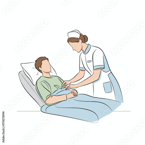 Female nurse injecting an intravenous drip to a male patient