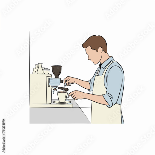 Barista man preparing fresh coffee with a coffee machine