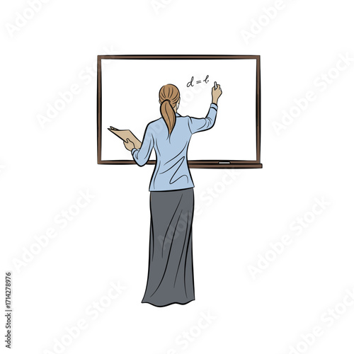 Female teacher writing a math formula on a blackboard