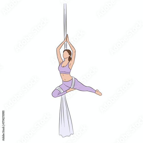 Aerial gymnast woman doing an acrobatic exercise on silk ribbons