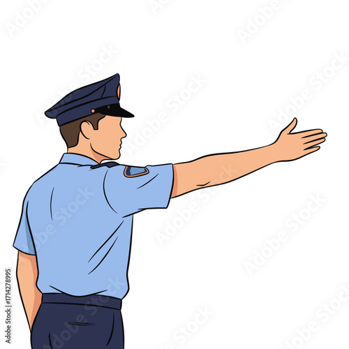 Policeman in a uniform directing traffic with outstretched arm
