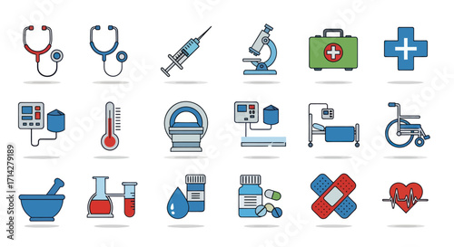 Collection of colorful flat line icons representing medical equipment and healthcare symbols.