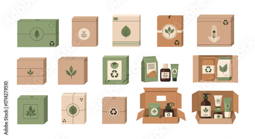 Assortment of Eco-Friendly Packaging Boxes with Natural Product Designs.