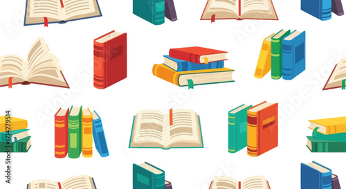A repeating pattern of various illustrated books open closed and stacked.