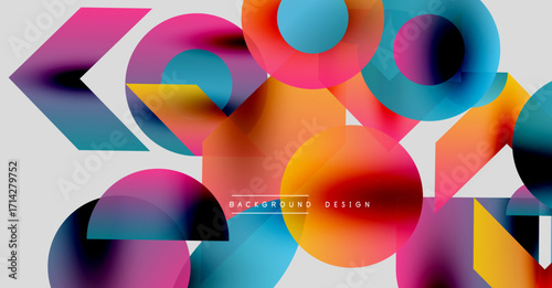 Abstract colorful shapes overlap. Vibrant gradients create dynamic visual effect. Modern design elements present bold composition.
