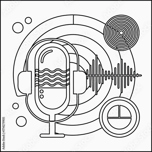 Podcast & Audio Technology Illustration – Microphone, Headphones, Waveform, and Sound Elements in Line Art Style