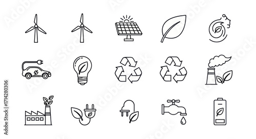 Collection of Eco-Friendly Icons Representing Sustainability and Green Energy.