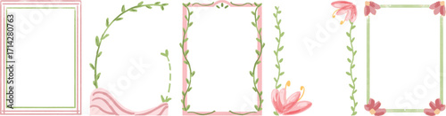 Botanical Frame Border Set, Pink and Green Floral Designs set of 5, Pastel Pink and Green Floral