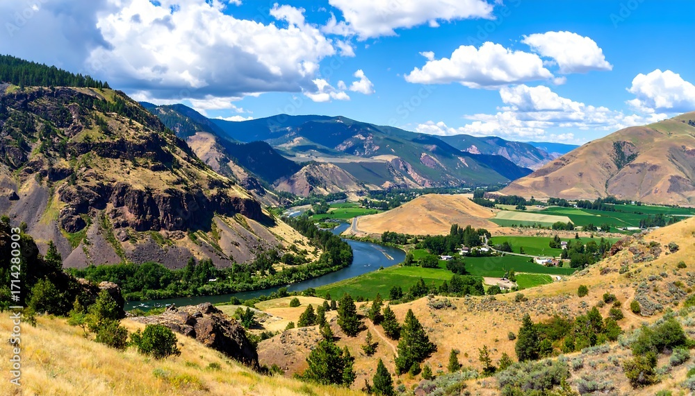 Fototapeta premium Mountain valley with river and farmland