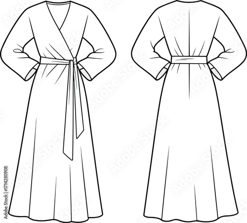 Long sleeve wrap dress flat sketch, belted robe style fashion cad drawing flat vector illustration for apparel and clothing design