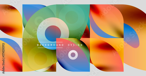 Abstract colorful shapes overlap. Gradient hues create modern design. Circles, squares, smooth transitions dominate composition.
