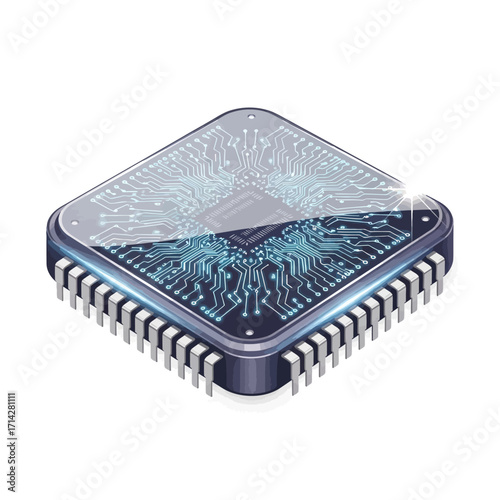 Isometric vector illustration of a central processing unit microchip, a symbol of modern information and digital technology