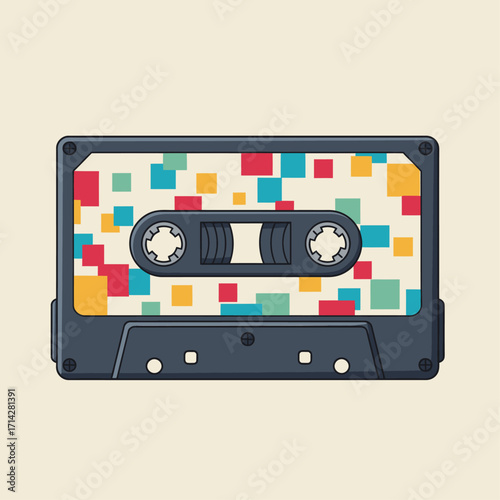 A retro cassette tape with a colorful, pixelated design on its label, isolated.