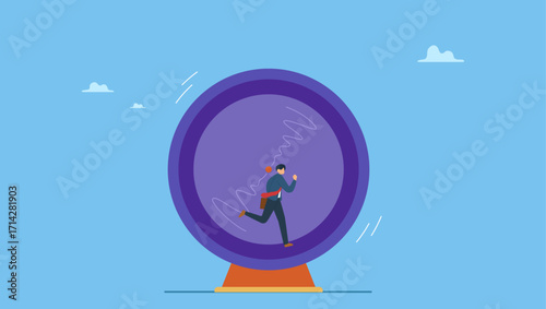Frustrated businessman in hurry running in rat race wheel. Office salary man work in loop with no career path, tried or fatigue of overwork, inefficient or work hard trap that never finish.