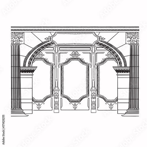 Retro arch with columns, black and white illustration
