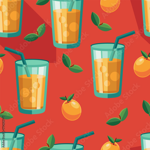 A seamless vector pattern features repeating motifs of glass cups filled with apricot juice, adorned with straws and fresh apricots, creating a refreshing and vibrant design with smooth transitions be