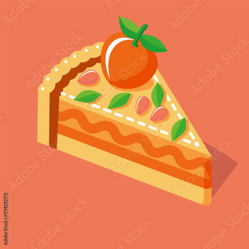 A piece of peach cake is presented on a vector illustration on a solid background, showing its individual layers - a soft sponge cake, a juicy peach filling, and each element on an isolated layer