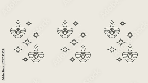 Diwali themed pattern featuring oil lamps and star shapes arranged on a light background surface art design