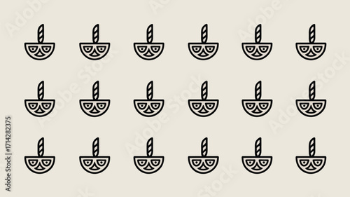 A pattern of fifteen black outline diya icons arranged in a grid on a light beige background plain style
