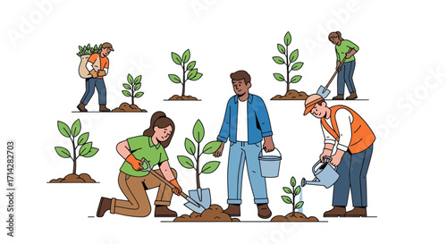 Diverse Group of People Planting Young Trees for Reforestation.