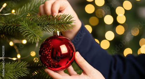 Person decorating Christmas tree with red ornament on pine branch -