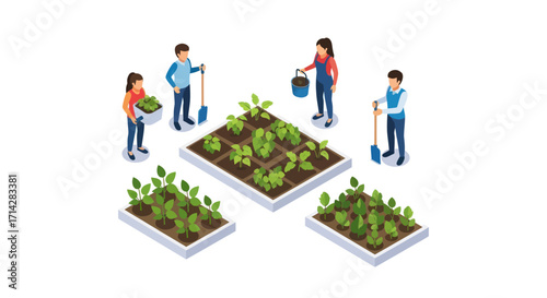 Isometric Illustration of People Gardening and Planting Vegetables.
