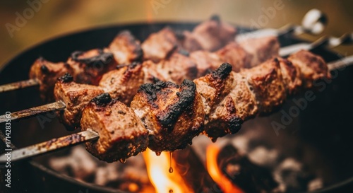 Sizzling Meat Skewers Grilling Over Glowing Coals, Fat Dripping into Flames, Creating Delicious Smoke