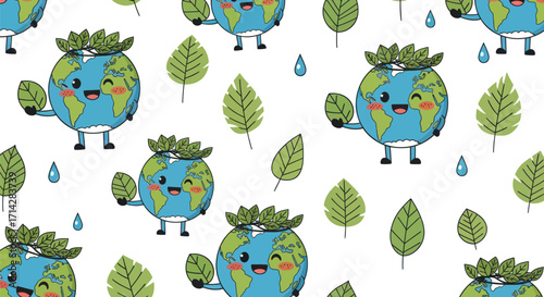 Cute Cartoon Earth Characters with Leaves and Raindrops Seamless Pattern.