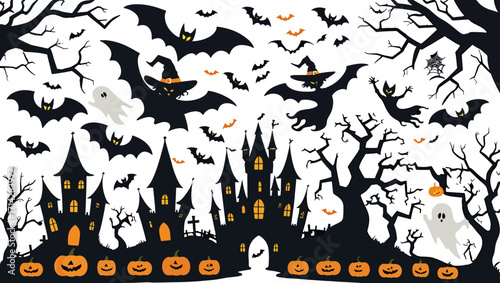 A Spooky Halloween Scene with Bats, Ghosts, Pumpkins, and a Haunted Castle at Night Creates a Festive Atmosphere