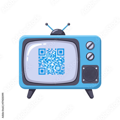 Retro television displaying a modern QR code.