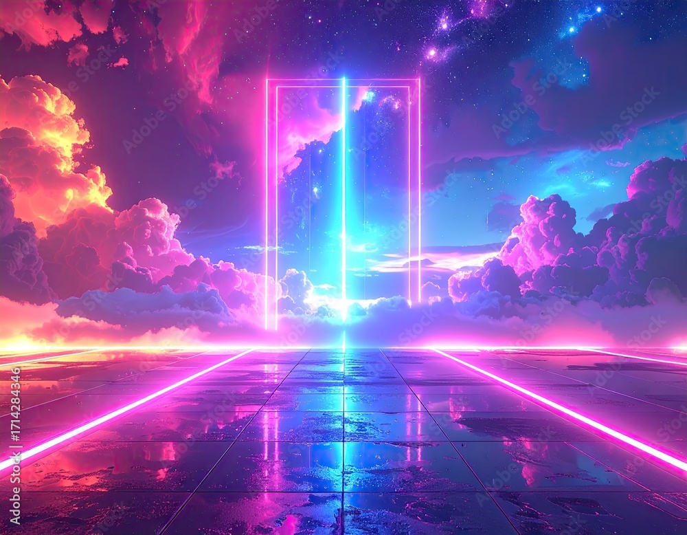 Obraz premium Neon Glowing Portal in a Fantasy Landscape