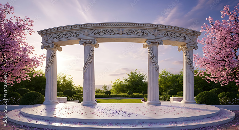 Fototapeta premium Enchanting Garden Rotunda A Romantic Sanctuary Amidst Blooming Cherry Blossoms