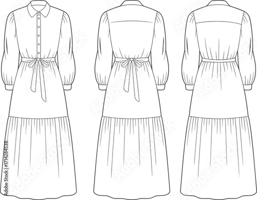 Long tiered button-down dress with collar, waist tie, puff sleeves, elegant fashion CAD drawing, technical flat vector illustration design