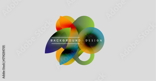Abstract floral design. Overlapping colorful shapes create dynamic composition. Light gray background provides contrast. Modern aesthetic.