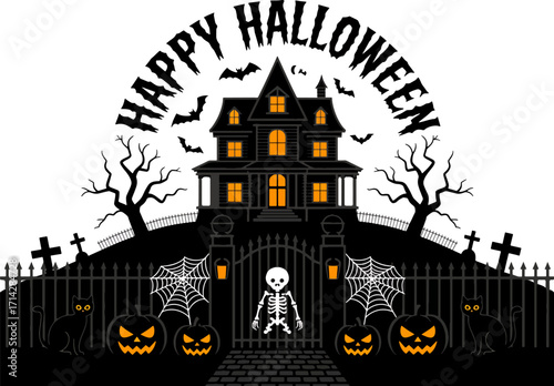 Spooky Halloween Night Scene Creepy Haunted House Bats Black Cats Pumpkins and Skeleton Welcoming Visitors with Ghoulish Delights