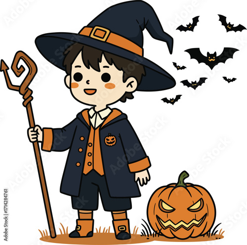 Cute chibi boy dressed as a wizard for Halloween, wearing a black hat and holding a staff. Standing next to a carved pumpkin with bats flying nearby.
