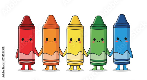Row of Cute Cartoon Crayons Holding Hands in Rainbow Colors.