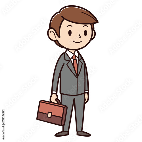 A businessman in a gray suit holding a briefcase, portraying a professional image with a modern and sophisticated style
