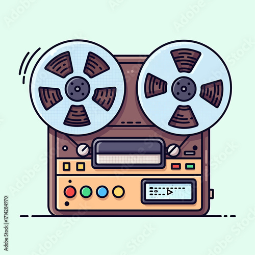 Illustration of a vintage reel-to-reel tape recorder with two large reels and various buttons on a light green background.