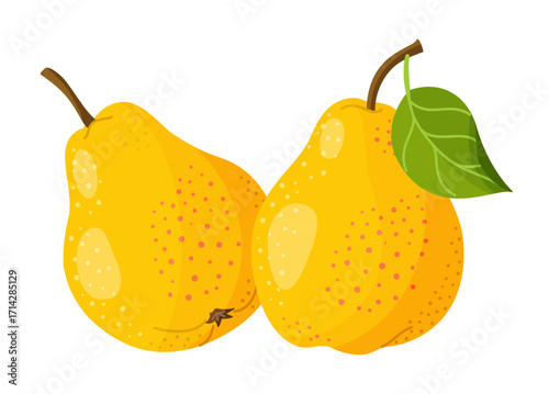 two yellow pears with leaf. Fresh fruit. Modern flat style isolated on a transparent background. For healthy eating, blogs, fruit packaging, labels, eco friendly, social media, stickers, menu, poster