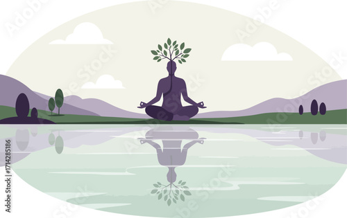 Silhouette of a person meditating in lotus pose with a tree growing from their head, reflected in calm water