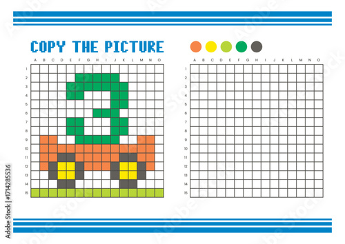 Copy the picture grid drawing worksheet for kids. Pixel art cart and number 3