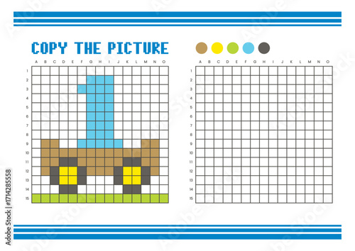 Copy the picture grid drawing worksheet for kids. Pixel art cart and number 1