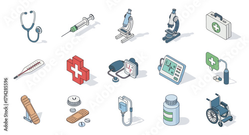 Isometric Medical and Healthcare Equipment Icons Set.