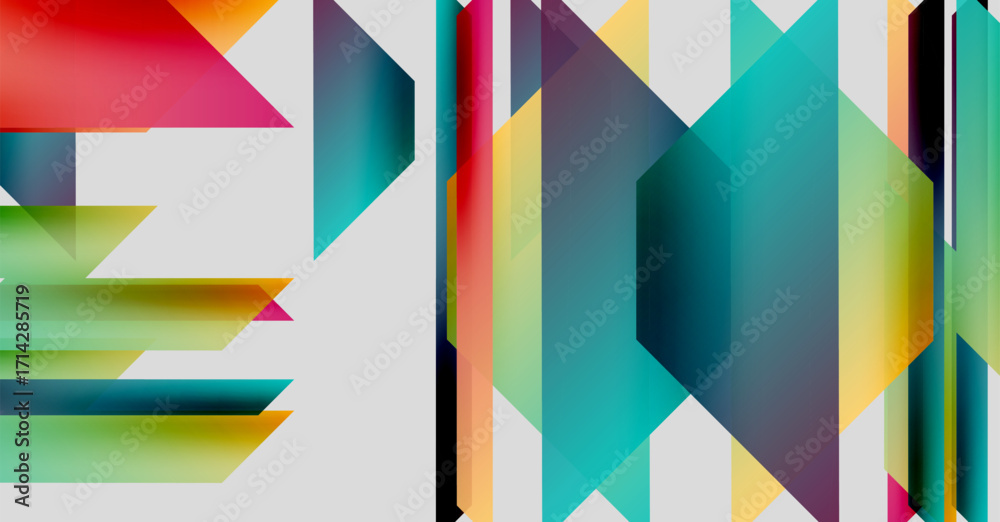 Fototapeta premium Abstract geometric composition. Bright colors intersect, creating dynamic visual effect. Shapes overlap, forming layered patterns. Modern design.