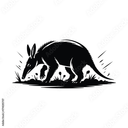 Aardvark Black Silhouette Digging for Dinner in the Ground Looking for Food Illustration