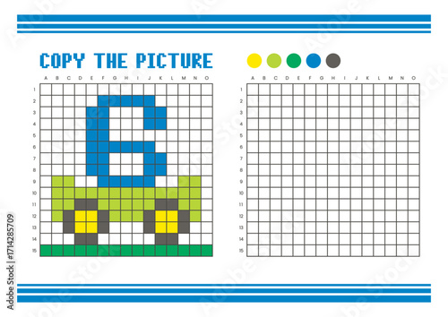 Copy the picture grid drawing worksheet for kids. Pixel art cart and number 6