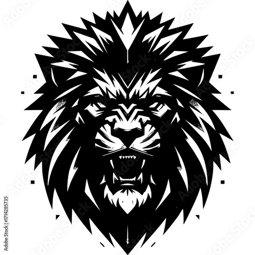 Regal Lion: A striking, monochromatic illustration of a lion's imposing visage. Featuring bold lines and a minimalist aesthetic.
